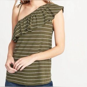 Old Navy One Shoulder‎ Ruffled Blouse Olive Green and White Striped Size XS